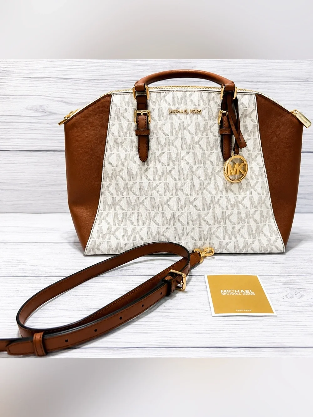 Michael Kors Signature MK Satchel Cream Brown Leather Crossbody